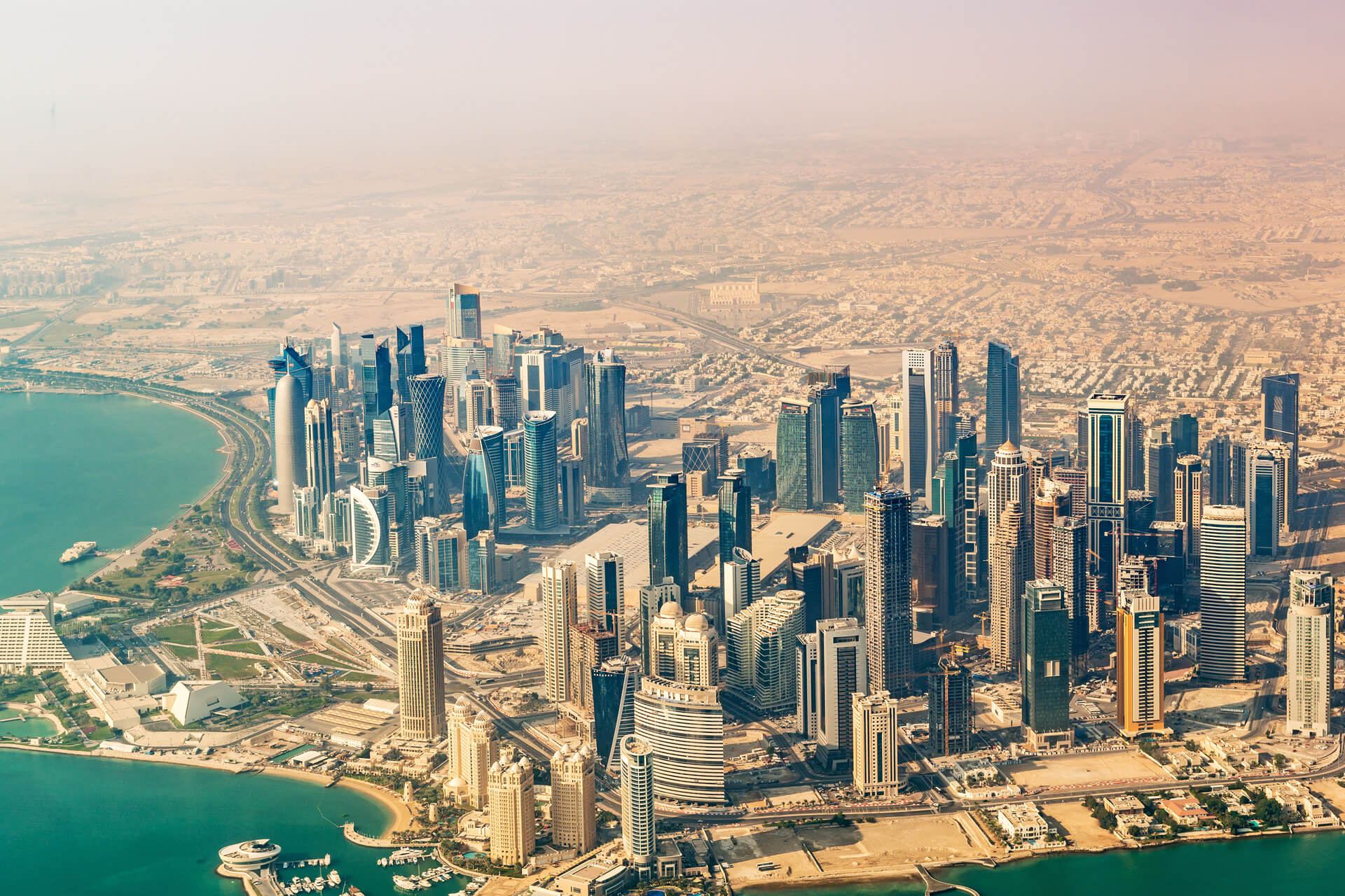 Aerial the central business district of Doha in Qatar